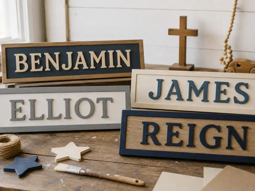 Handcrafted wooden nursery plaques for BENJAMIN, JAMES, ELLIOT, and REIGN — biblical celebrity baby names trend from verified USA Celebs 2025–2026 hubs