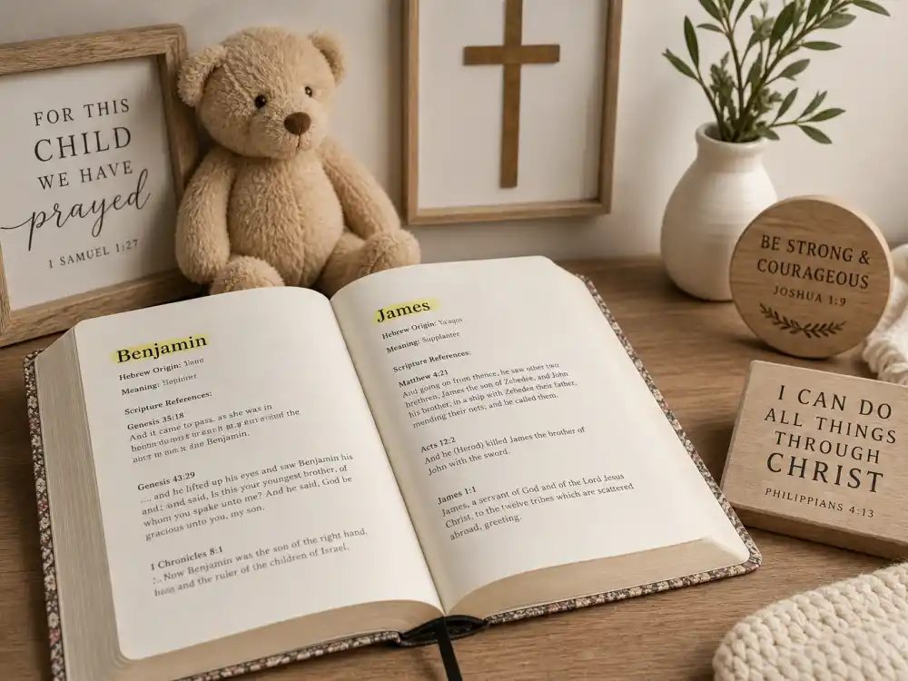Open scripture name reference book with BENJAMIN and JAMES plaques on nursery table — biblical celebrity baby names trend separates cultural etymology from reported family faith statements