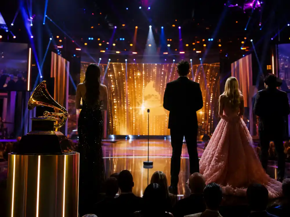 Music awards stage with trophy and microphone represents VMA crossover moments on ranked lists of the biggest award show scandals ever across live telecasts