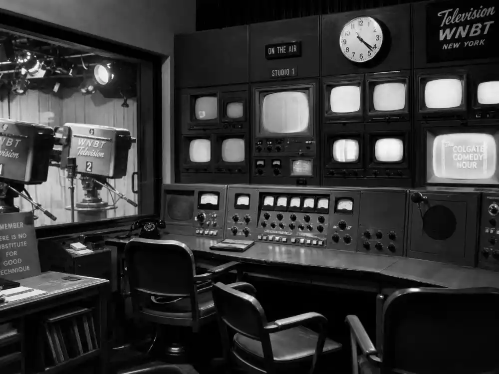 Vintage television broadcast control room evokes classic-era entries on lists of the biggest Emmy snubs in history from the 1950s and 1960s