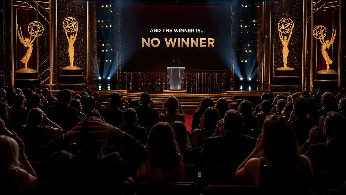 Biggest Emmy snubs in history — shocked television awards theatre audience silhouettes watching a surprise winner announced on stage under golden spotlights