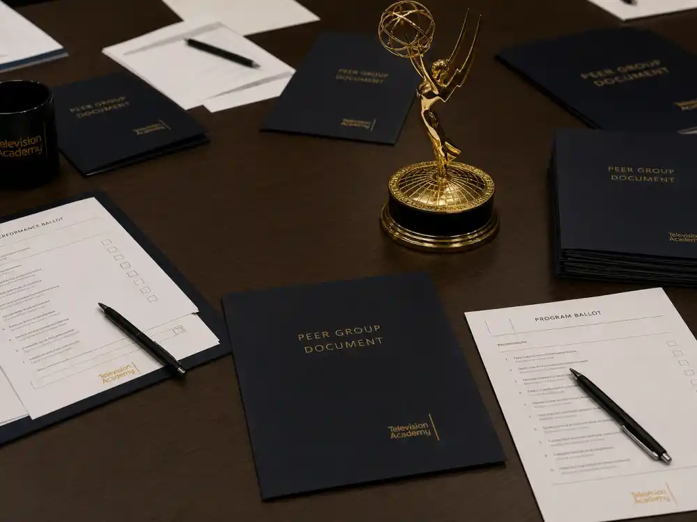 Television Academy peer voting ballots beside trophies explain why the biggest Emmy snubs in history keep recurring every September