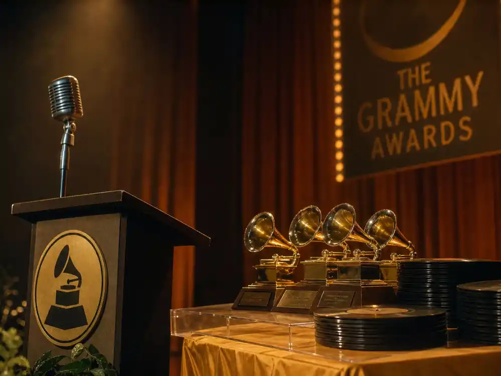 Vintage awards stage with vinyl records evokes classic-era entries on lists of the biggest Grammy snubs of all time from the 1970s and 1980s