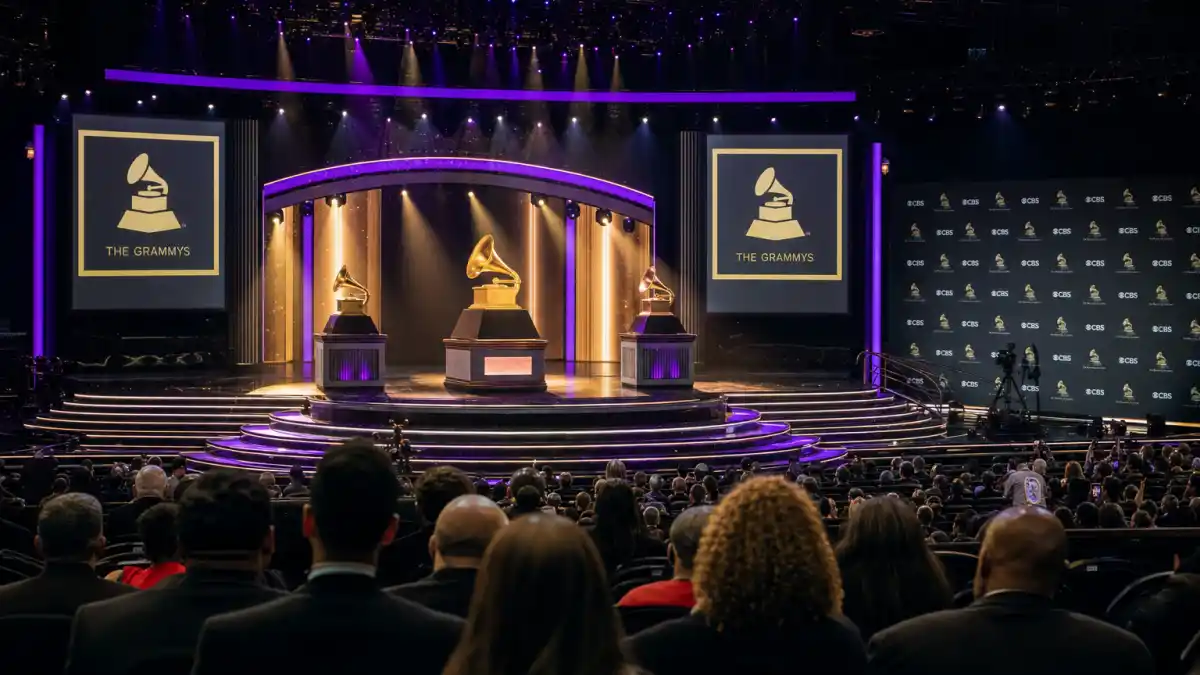 Biggest Grammy snubs of all time — shocked awards theatre audience silhouettes watching a surprise winner announced on stage under golden spotlights