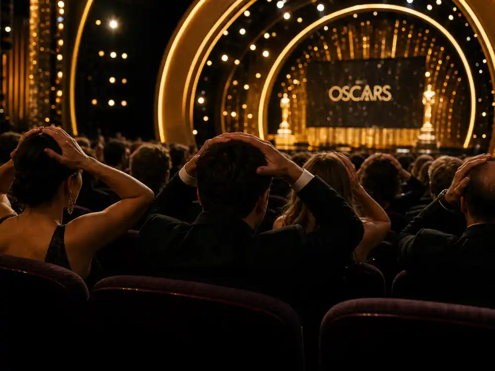 Silhouetted theatre audience reacting under golden spotlights when the biggest Oscar snubs of all time unfold live on ABC