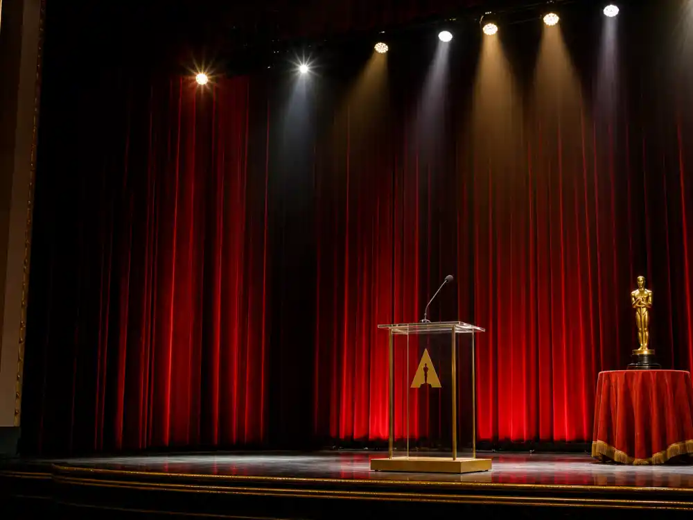 Grand awards ceremony stage where the biggest Oscar upsets in history unfolded under dramatic spotlights