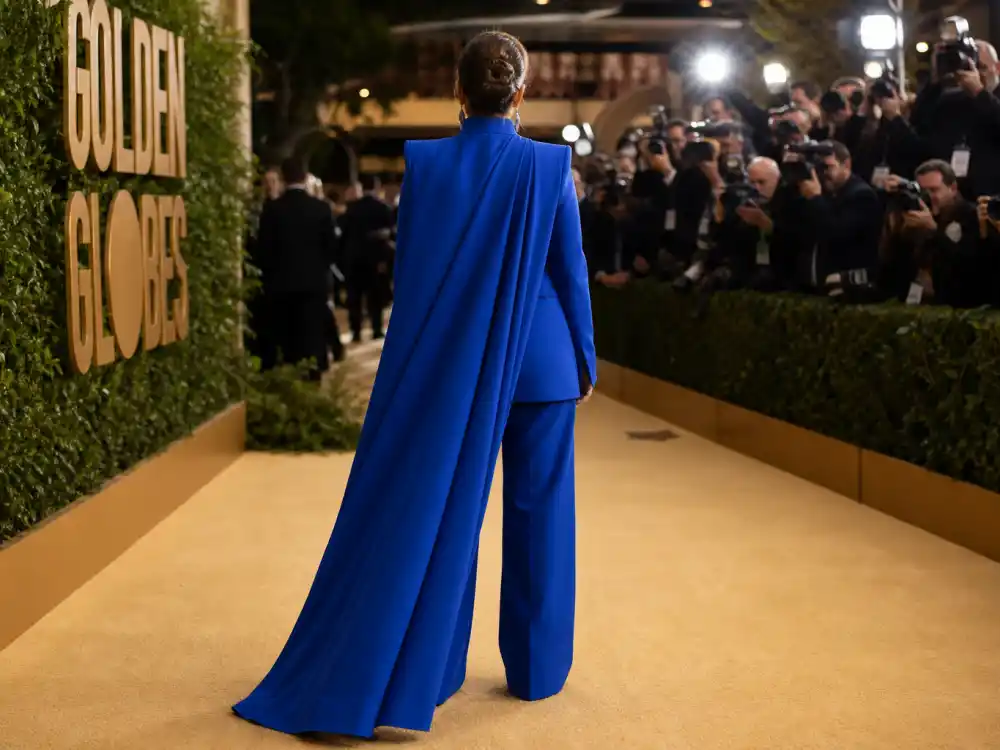 Hollywood awards cobalt cape pantsuit gamble ranked among biggest red carpet fashion risks that paid off on champagne carpet arrivals