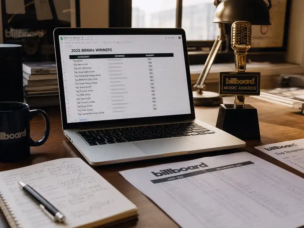 Music journalism desk tracking Billboard Music Awards 2026 winners marked TBD with chart printouts and verified 2024 results notes