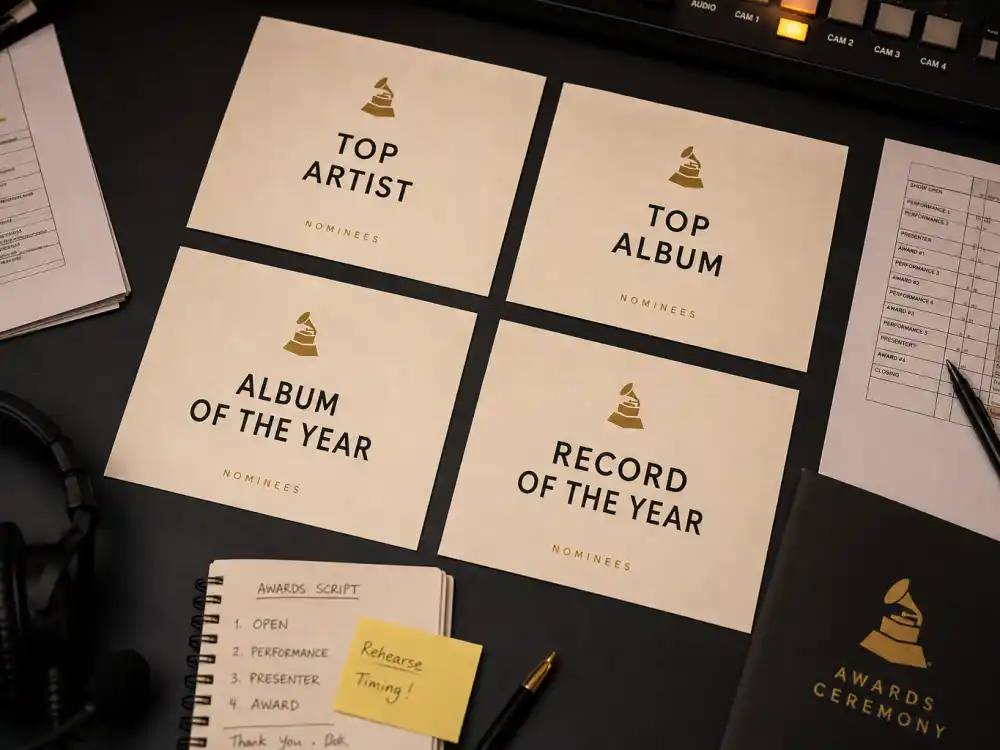 Music award category nomination cards for Billboard Music Awards vs Grammys — Top Artist and Top Hot 100 lanes compared with Grammy Big Four fields