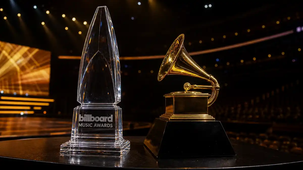 Billboard Music Awards vs Grammys — crystal Billboard trophy and gold gramophone Grammy trophy on ceremony stage under golden spotlight