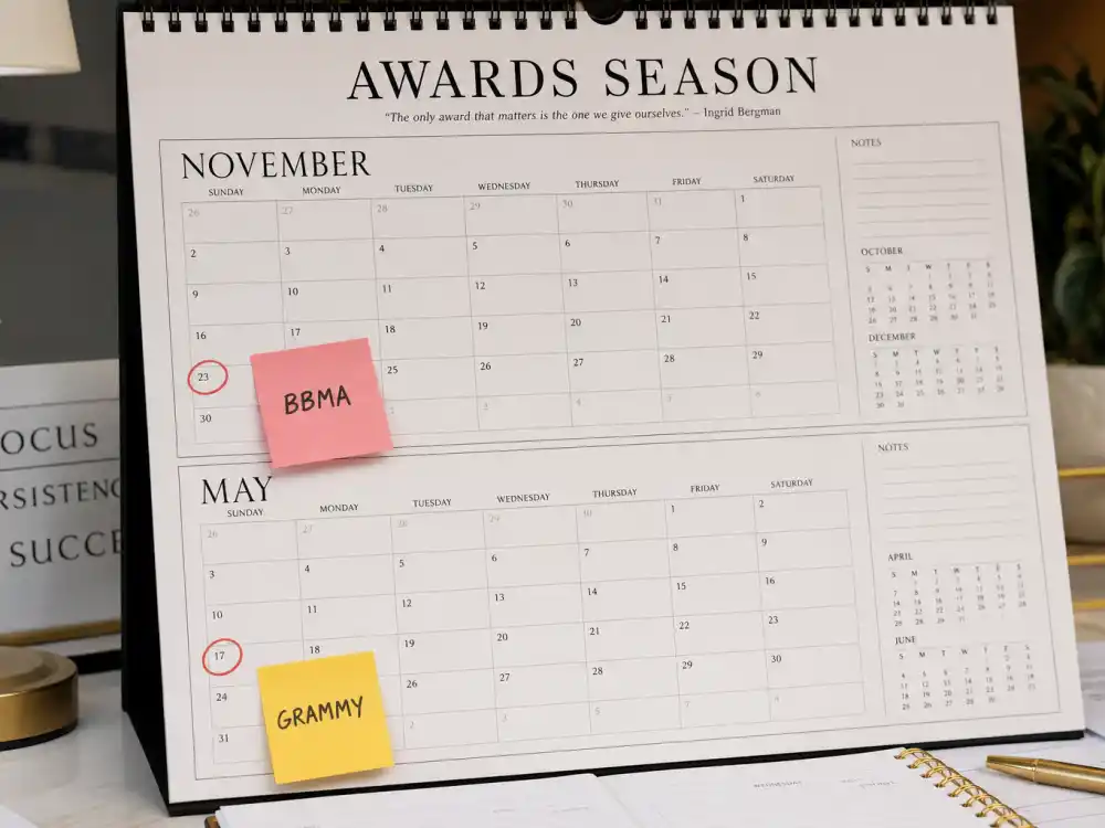 Awards season calendar for Billboard Music Awards vs Grammys — May BBMAs through February Grammy ceremony timing on production desk