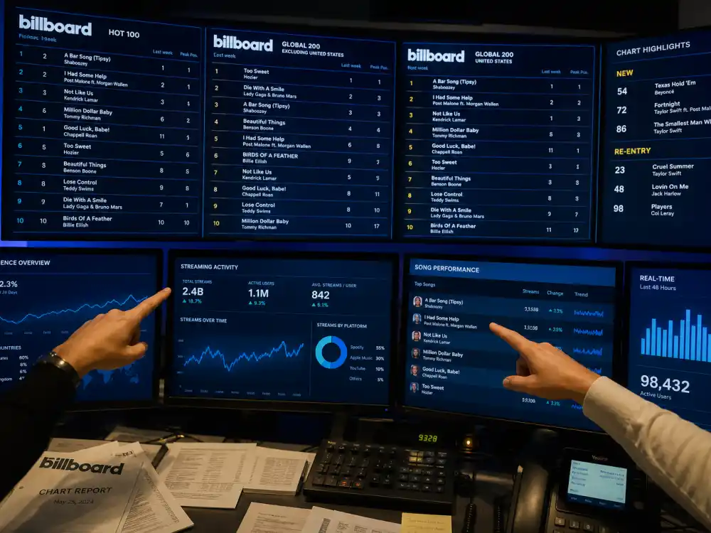 Billboard chart dashboards and streaming analytics for Billboard Music Awards vs Grammys — data-driven BBMA metrics contrast with Recording Academy peer voting