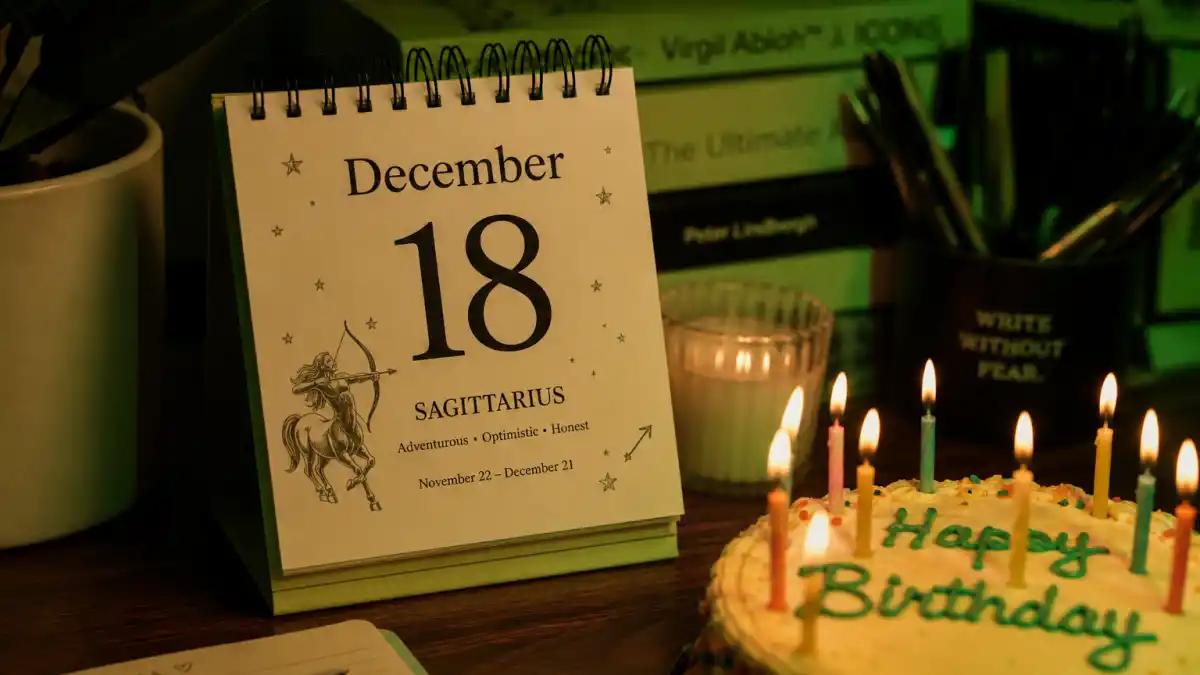Billie Eilish age and birthday 2026 — desk calendar open to December 18 with Sagittarius zodiac decorations marking her verified birth date