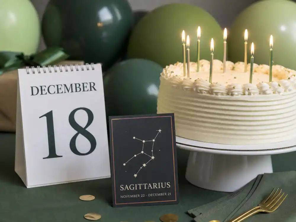 December 18 birthday cake and calendar marking Billie Eilish age and birthday 2026 each year when fans celebrate her Sagittarius birth date
