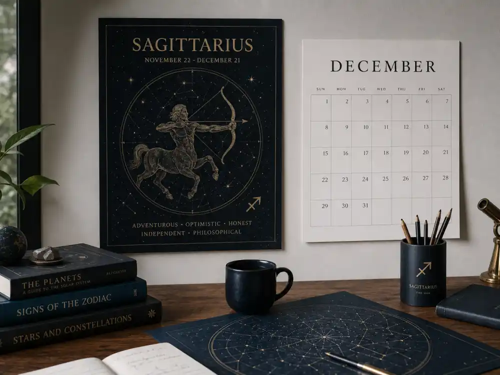 Sagittarius zodiac chart beside December calendar for Billie Eilish age and birthday 2026 — December 18 birth date places her under Sagittarius in Western astrology