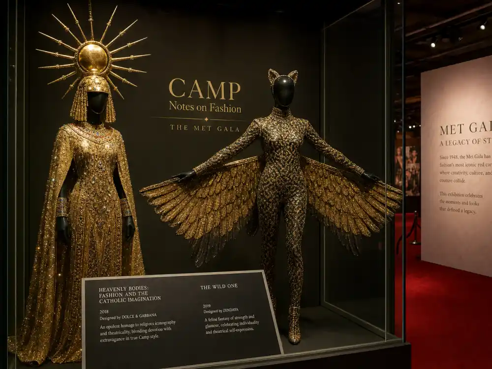 Fashion museum exhibition preserving Billy Porter sundial hat Met Gala legacy — gold winged catsuit and sun-ray headpiece on gallery mannequins