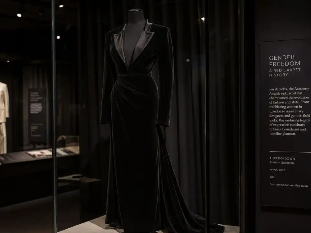 Fashion museum glass case preserving Billy Porter tuxedo gown Oscars history legacy — black velvet tuxedo-gown hybrid on gallery mannequin