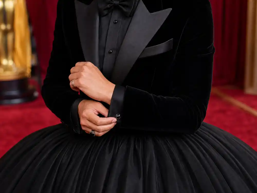 Close-up velvet lapel and ball gown skirt detail on Oscars red carpet flash photography amplifying Billy Porter tuxedo gown Oscars history paparazzi frenzy