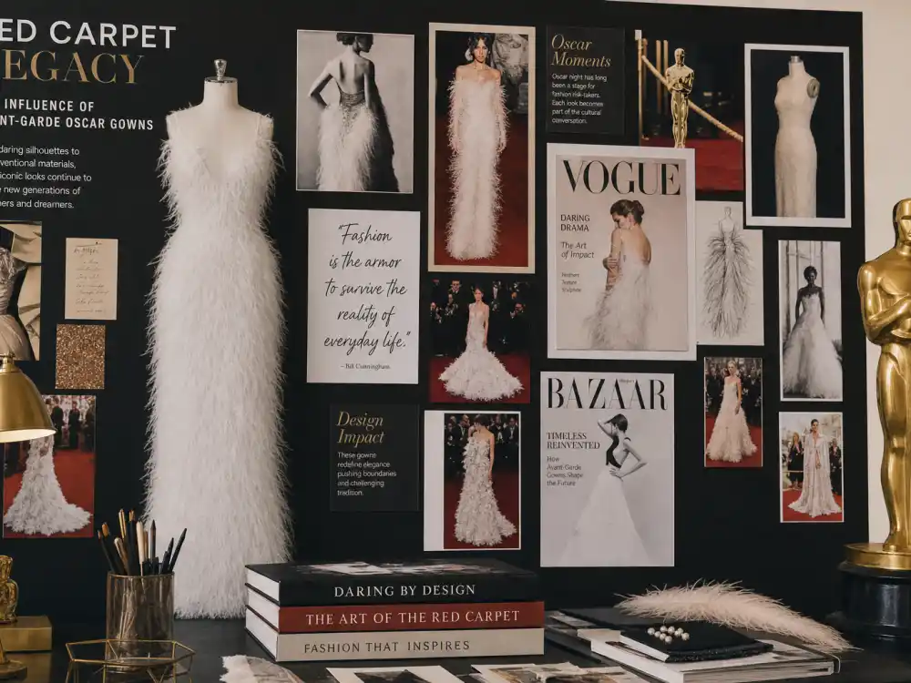 Red carpet fashion legacy mood board tracing Bjork swan dress Oscars history influence on avant-garde Oscar gowns and celebrity protest dressing