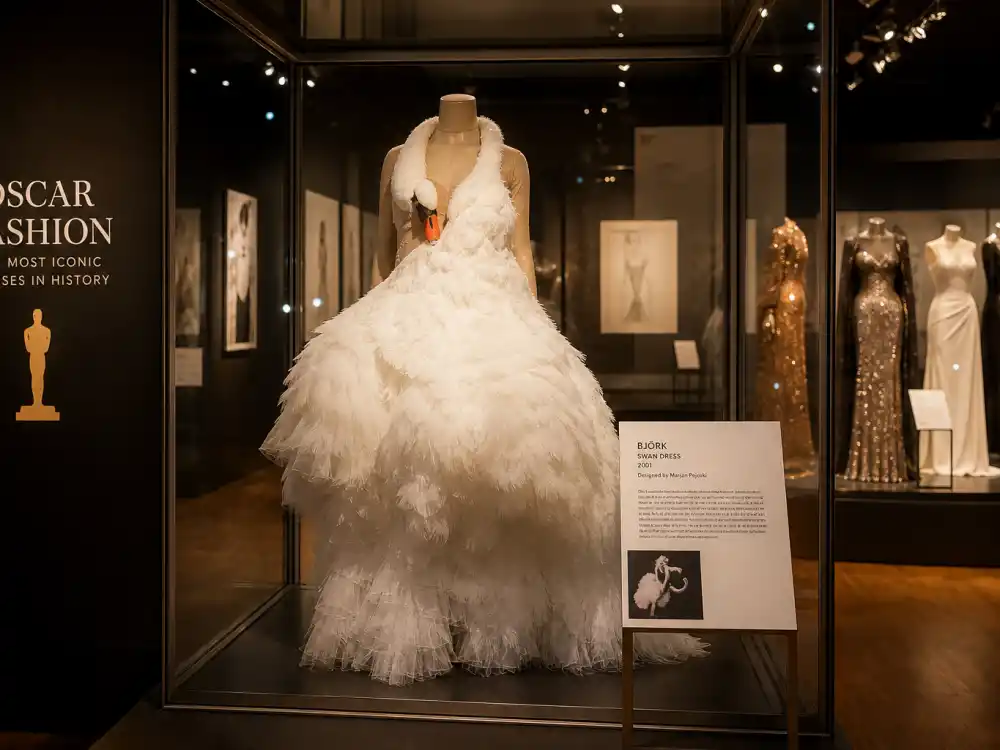 Fashion museum glass case preserving Bjork swan dress Oscars history legacy — white feathered gown with swan neck on gallery mannequin