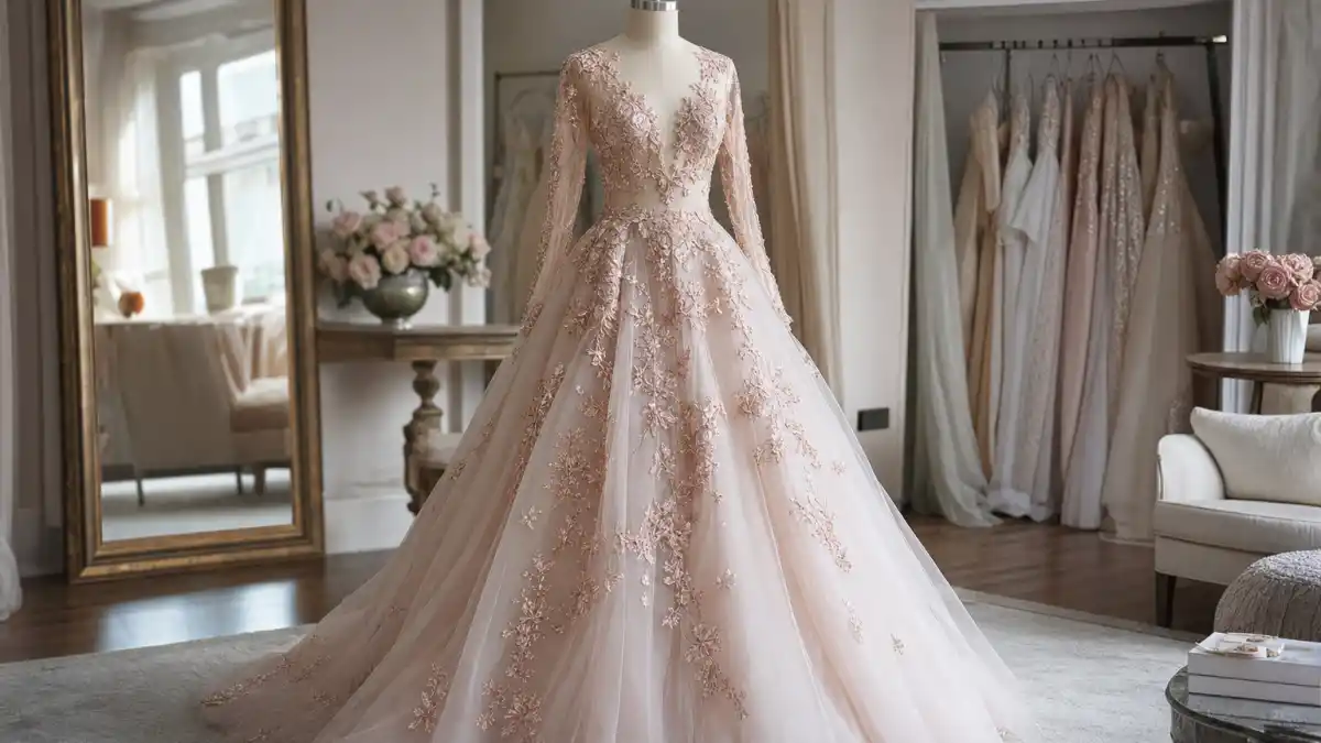 Blake Lively wedding dress Marchesa — custom blush pink tulle ball gown with rose gold floral embroidery on mannequin in Marchesa bridal showroom