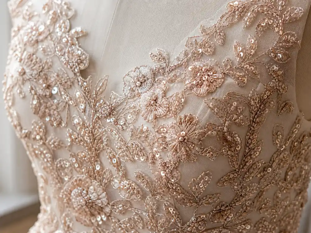 Rose gold floral hand-beaded embroidery on bodice defining Blake Lively wedding dress Marchesa couture signature detail