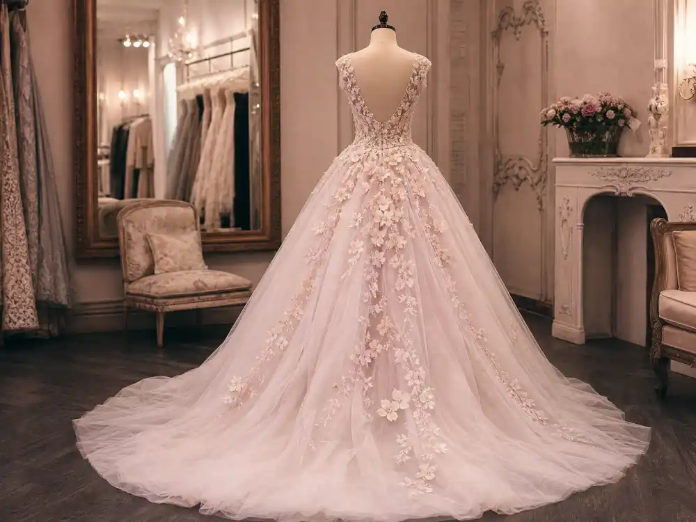 Vintage romantic fitted lace bodice and full tulle ball skirt silhouette of Blake Lively wedding dress Marchesa on bridal showroom mannequin