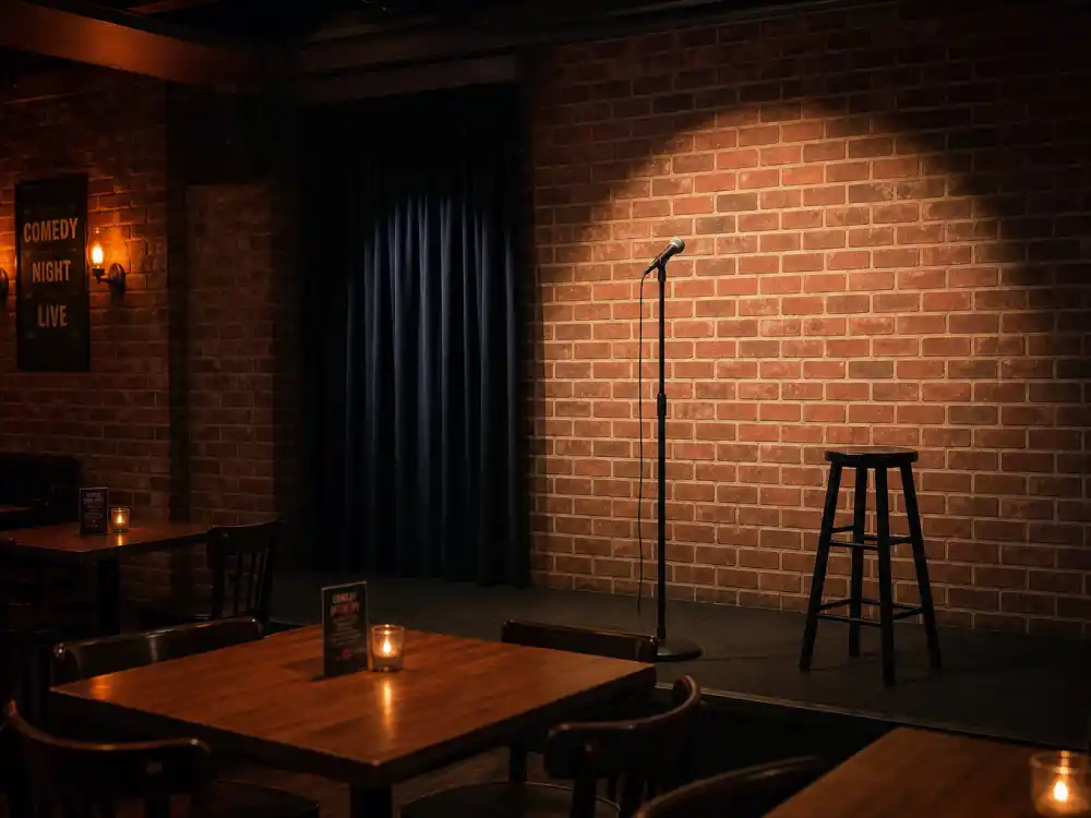 Modern comedy club stage for what happened to Bobcat Goldthwait now and his 2026 stand-up tour life