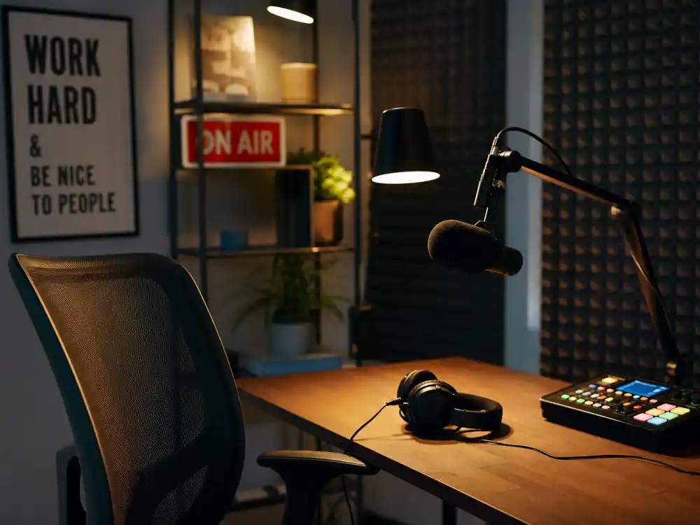A 2026 podcast studio setup representing where the Boy Meets World cast are now in media, directing, and voice acting careers