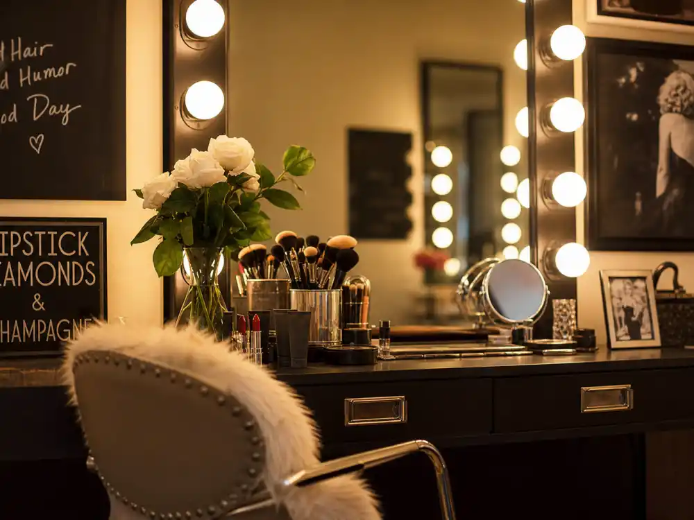 Glam vanity mirror for where is Brenda Song now in Hulu Dollface and adult comedy comeback era