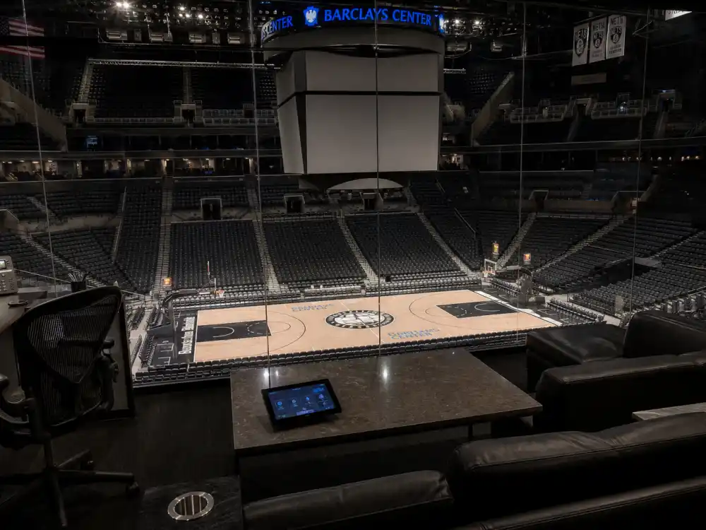 Basketball arena executive suite for where is Brenda Song now starring in Netflix Running Point sports comedy