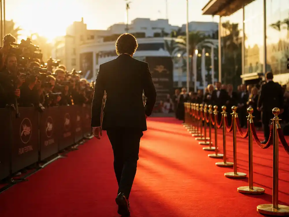 Anonymous figure walking a sunny red carpet, representing the Brendan Fraser comeback story in 2026
