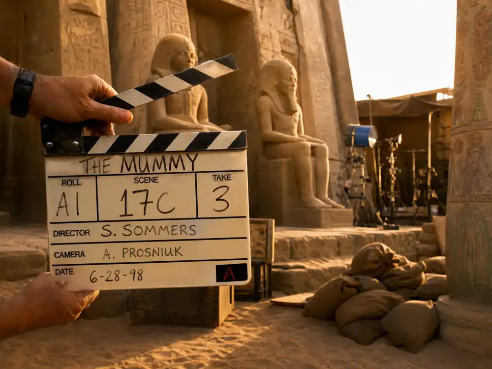 Egyptian tomb film set with clapperboard representing the Brendan Fraser Mummy adventure movie era