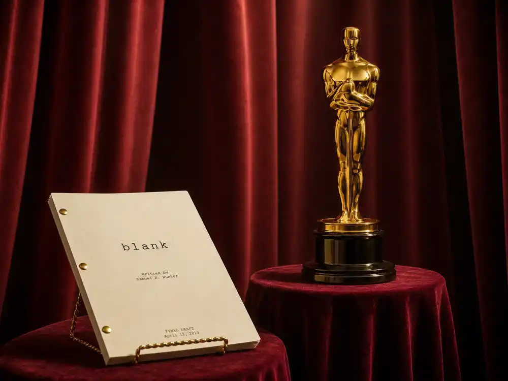 A golden Oscar statuette on stage beside a script, marking Brendan Fraser The Whale Oscar win in 2023