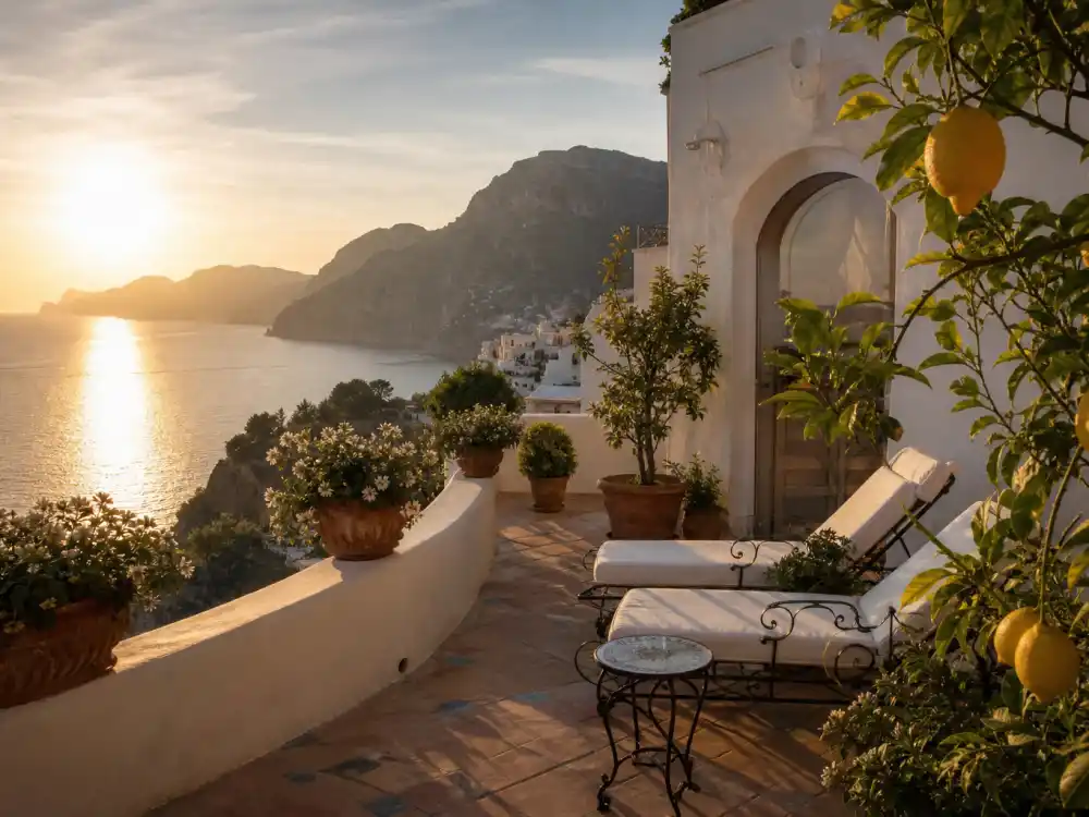 Mediterranean terrace at sunset for Brigitte Nielsen Italy family life with Mattia Dessi now