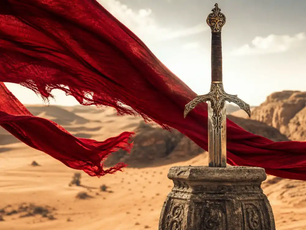 Fantasy sword and desert dunes for Brigitte Nielsen Red Sonja action heroine era