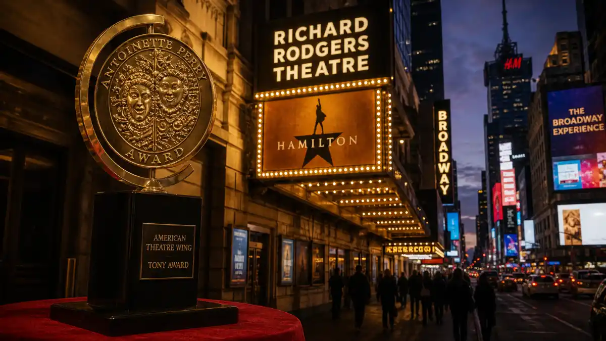 Broadway shows with most Tony nominations — Richard Rodgers Theatre marquee at dusk with golden Tony Award medallion on velvet pedestal
