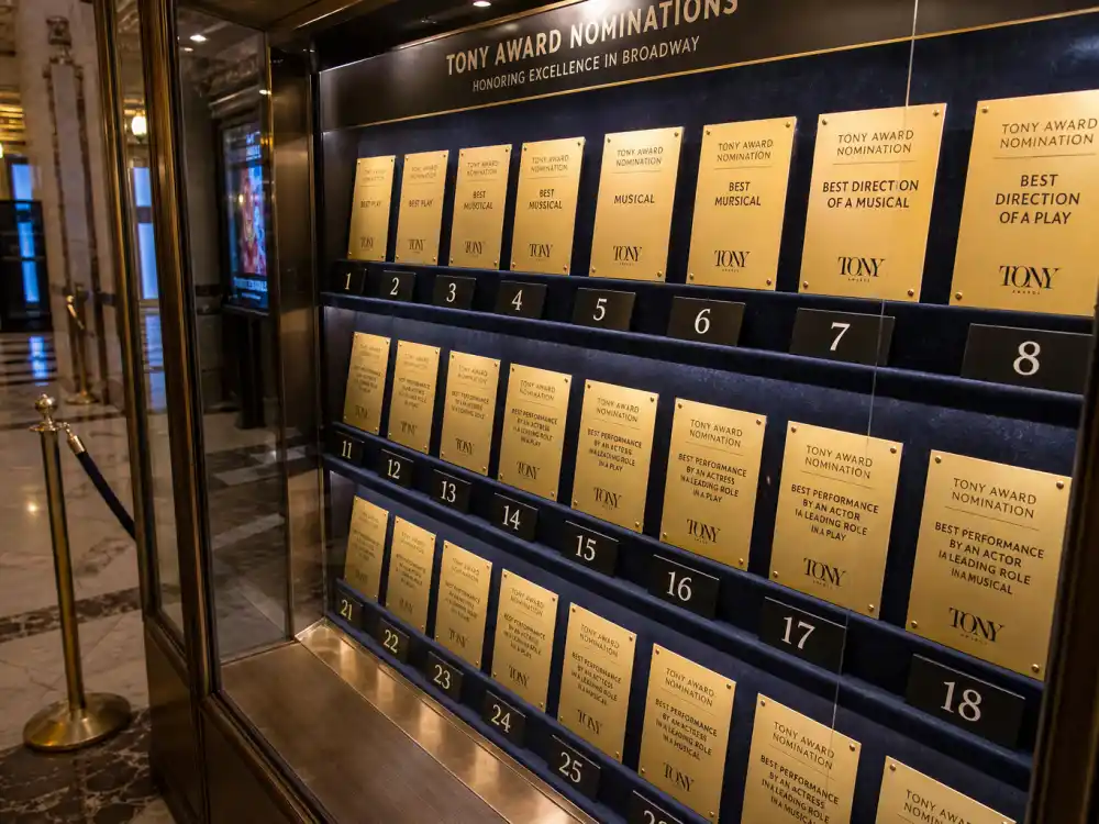 Broadway lobby Tony nomination placards illustrating Broadway shows with most Tony nominations all-time leaderboard totals
