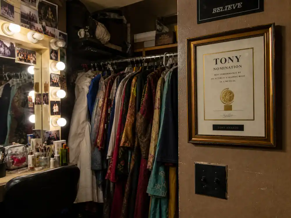 Broadway backstage dressing room with nomination certificate framing Broadway shows with most Tony nominations versus wins conversion rates