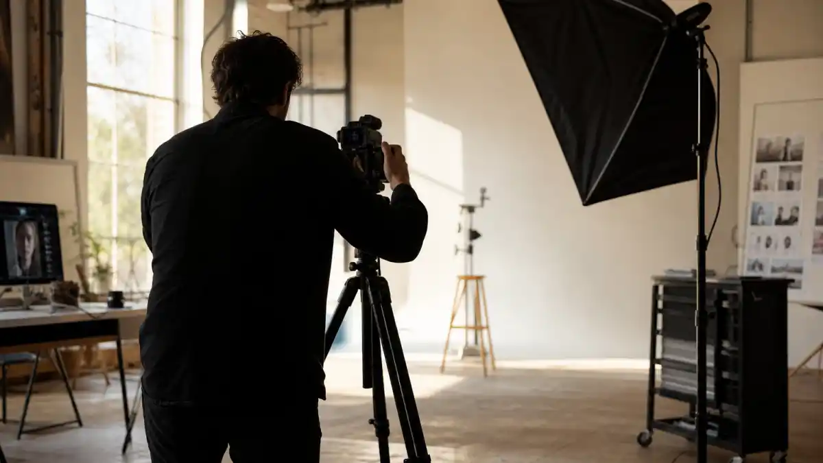 Brooklyn Beckham nepo baby ventures — photography studio from behind with anonymous photographer silhouette at camera on tripod editorial milestone without identifiable faces