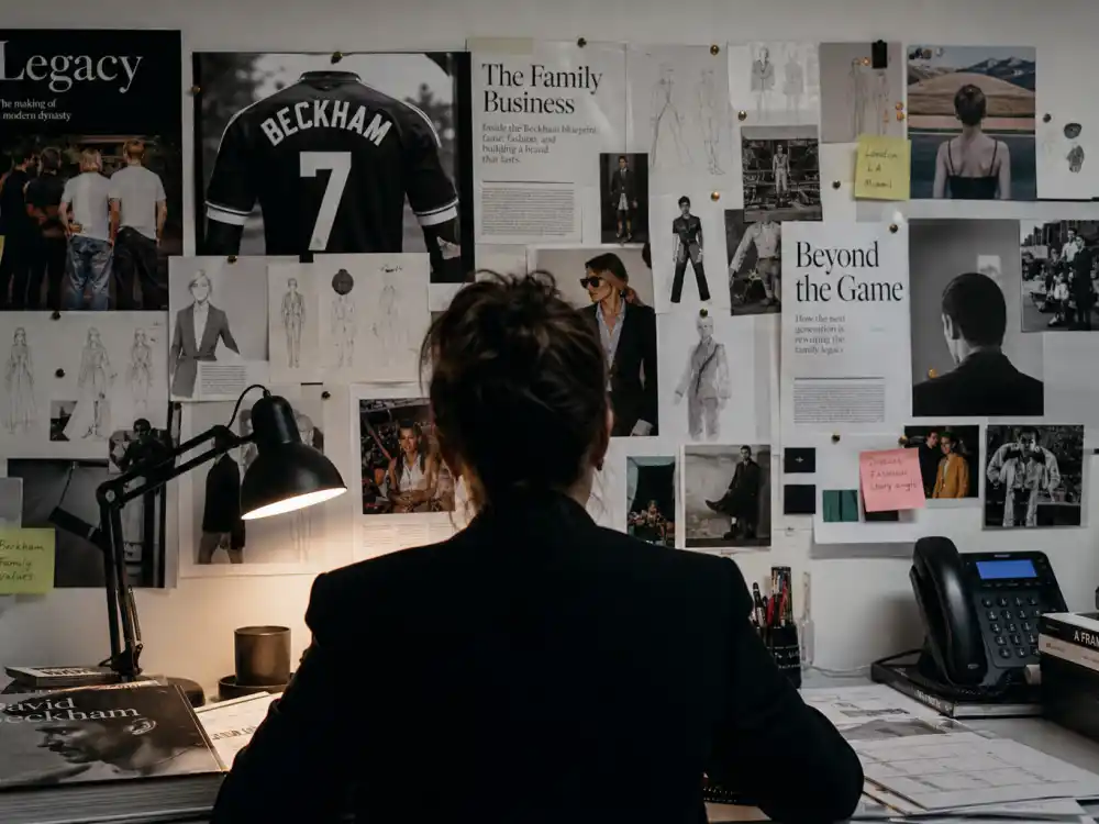 Fashion and football dynasty mood board for Brooklyn Beckham nepo baby ventures David Victoria Beckham lineage acknowledged editorial without identifiable faces