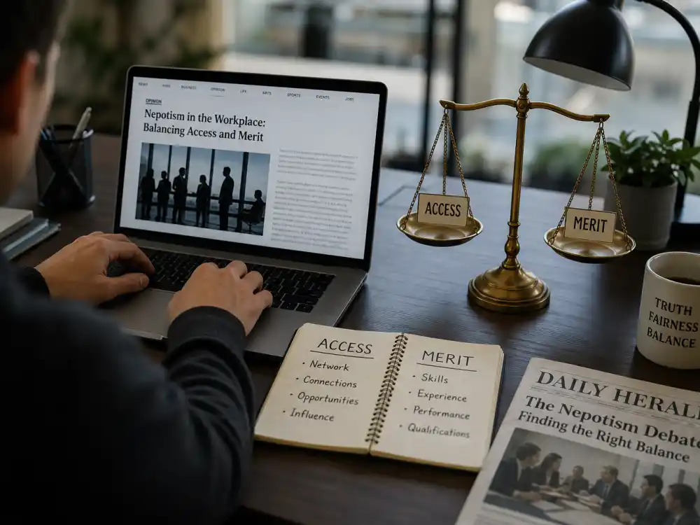 Access versus merit balance desk for Brooklyn Beckham nepo baby ventures balanced journalism editorial without identifiable faces