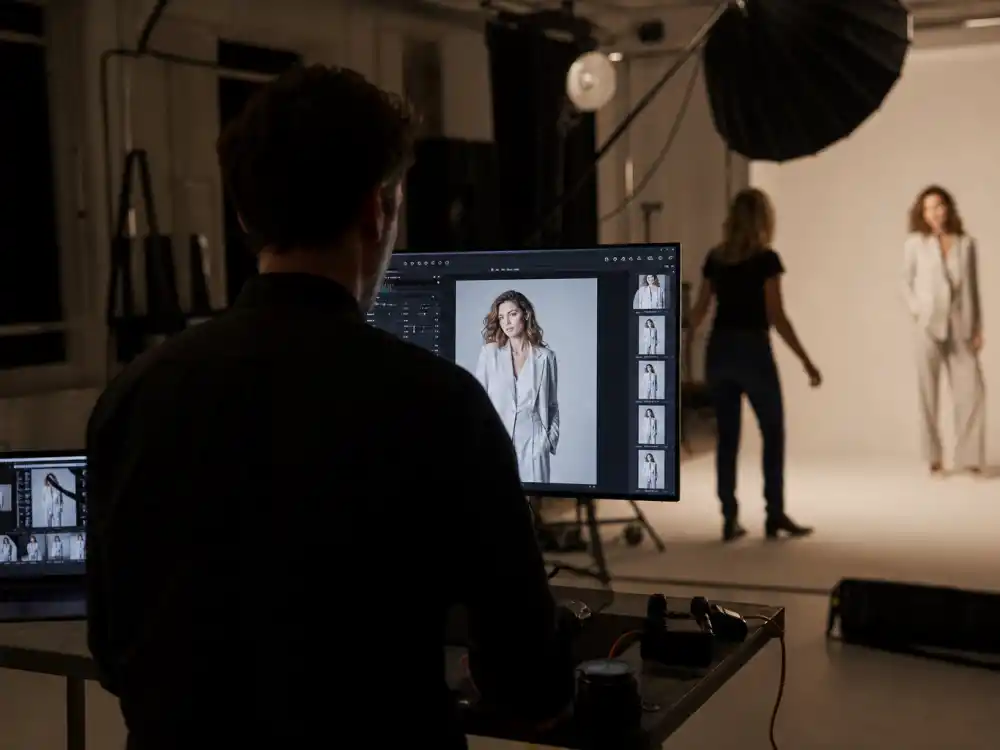 Fashion photography studio with lighting equipment for Brooklyn Beckham nepo baby ventures Burberry campaign editorial without identifiable faces
