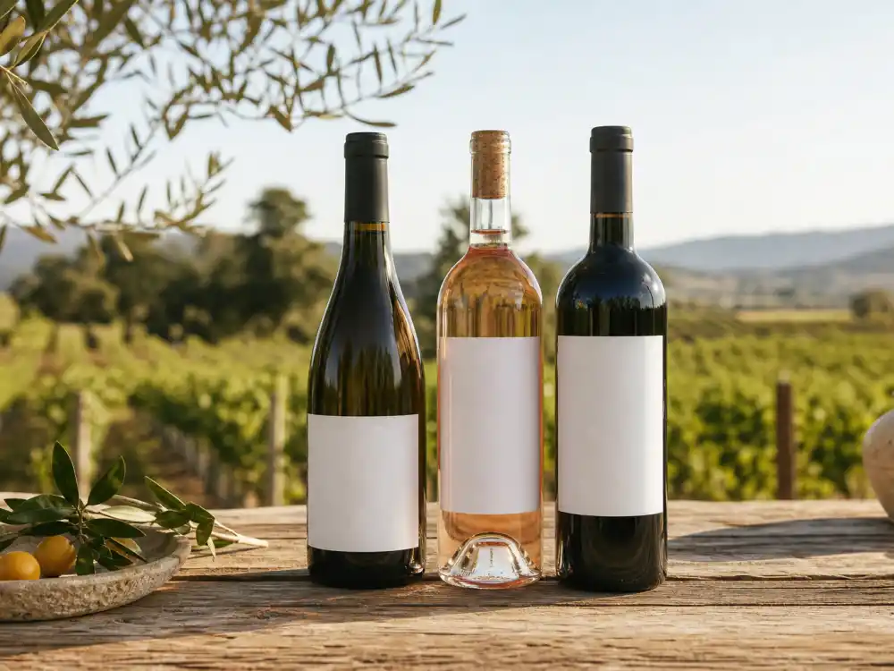 Organic wine bottles on a rustic table in a vineyard setting for Cameron Diaz Avaline wine brand