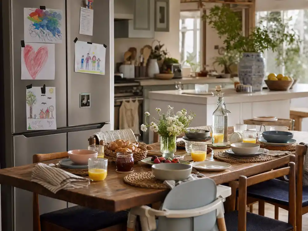 Warm family kitchen with children drawings representing Cameron Diaz family life in Montecito 2026