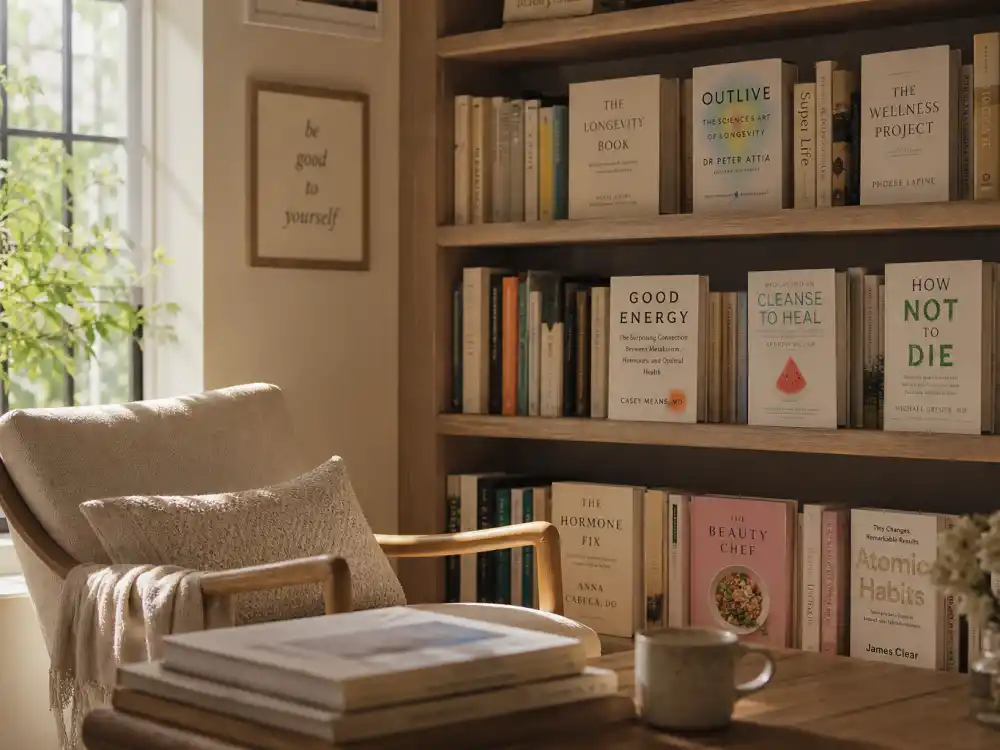 Quiet home library with wellness books representing Cameron Diaz retirement from acting and author era