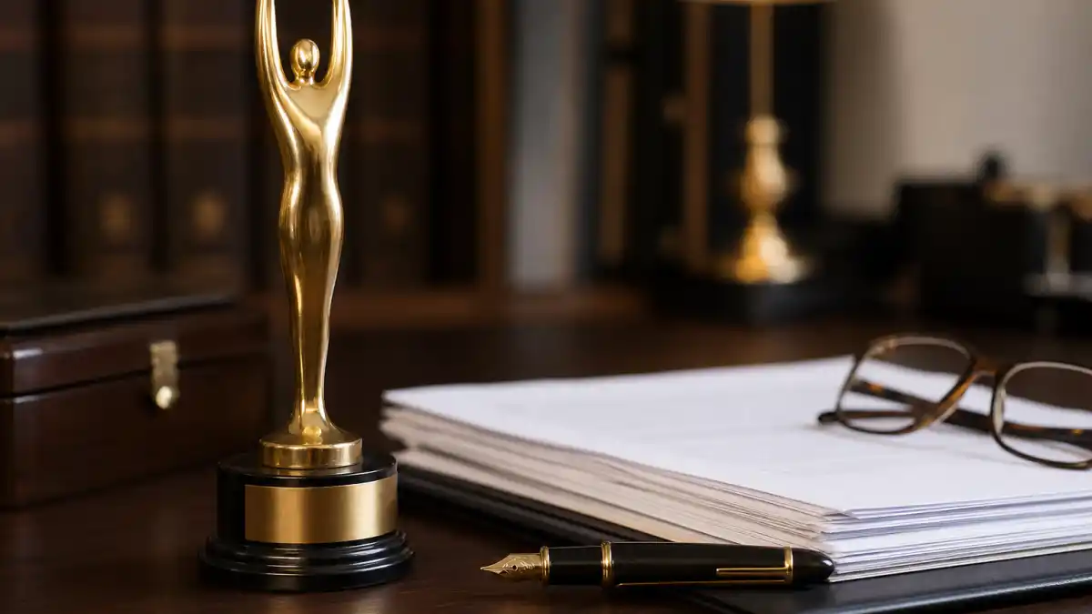 Can you sell an Oscar trophy — generic golden statuette beside legal contract documents and fountain pen on a desk