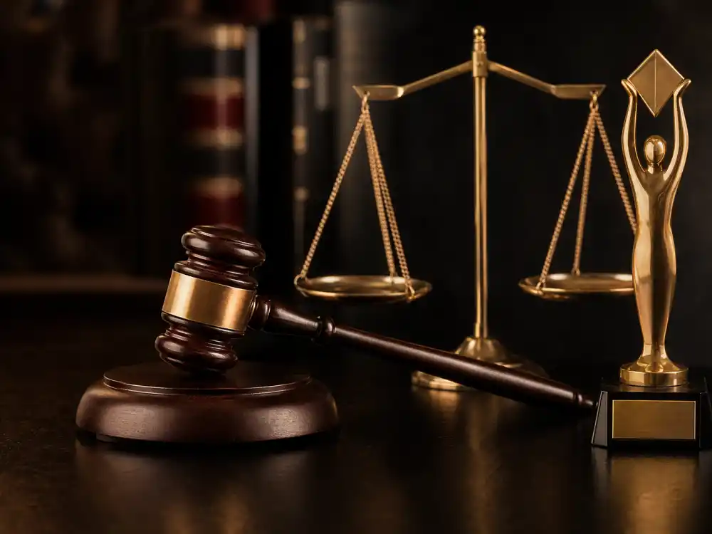Academy legal enforcement when collectors ask can you sell an Oscar trophy — gavel and scales of justice beside generic golden statuette