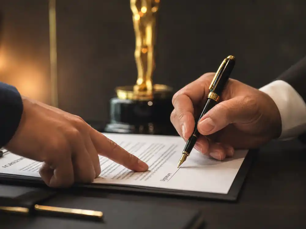 Winner agreement signing when winners ask can you sell an Oscar trophy — hands signing legal contract with generic golden statuette