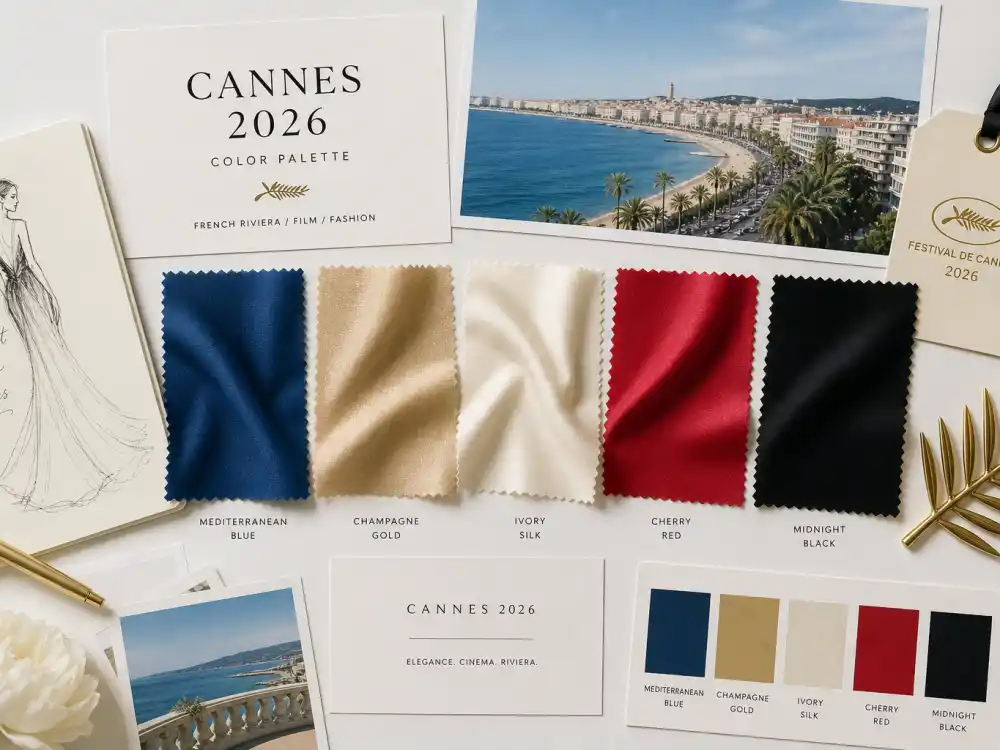 Mediterranean blue champagne gold ivory cherry red and midnight black fabric swatches flat lay illustrating 2026 color palette trends in cannes film festival celebrity style 2026
